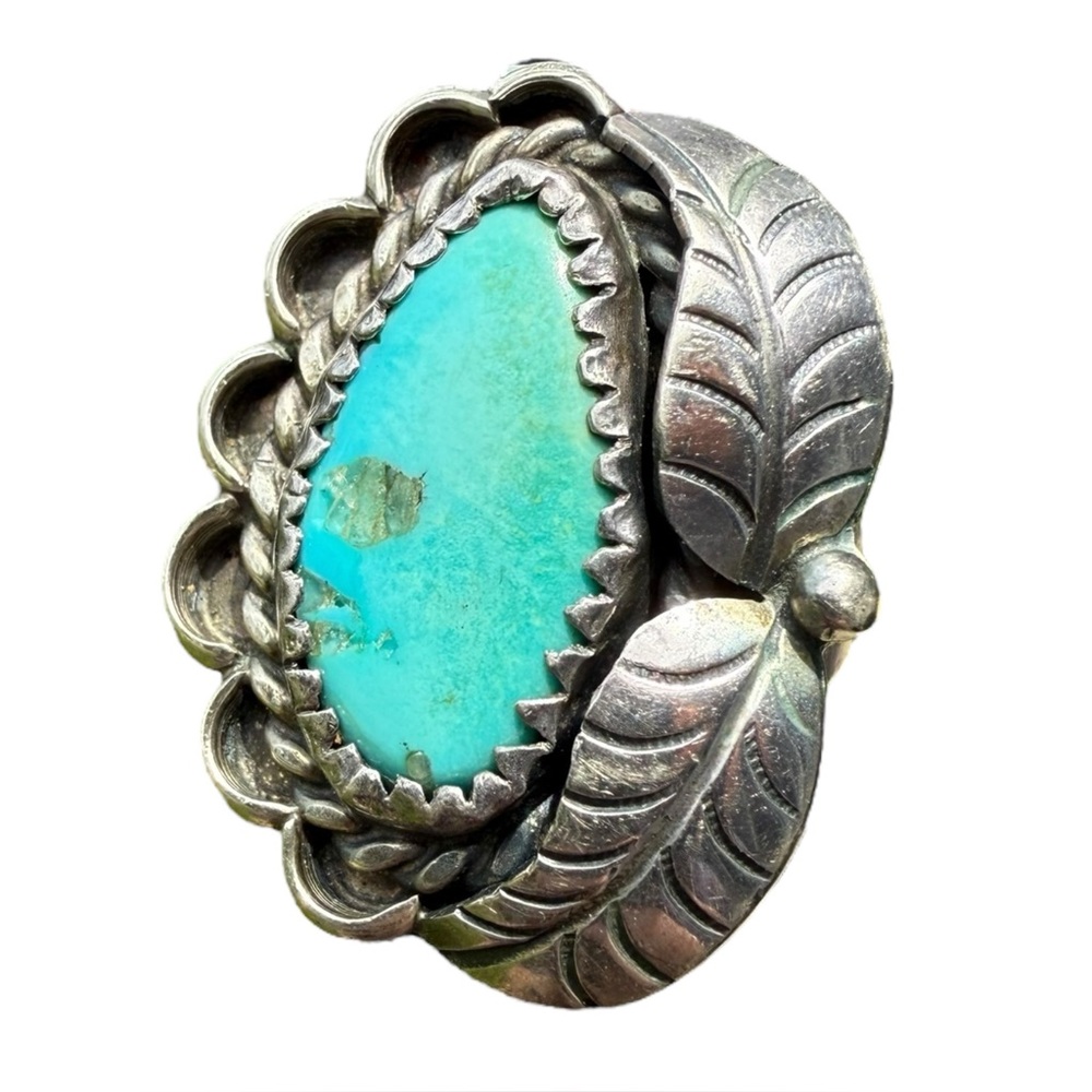 Sz 9 LARGE Vtg Old Pawn Native American Sterling Turquoise Feather Ring 11 Grams